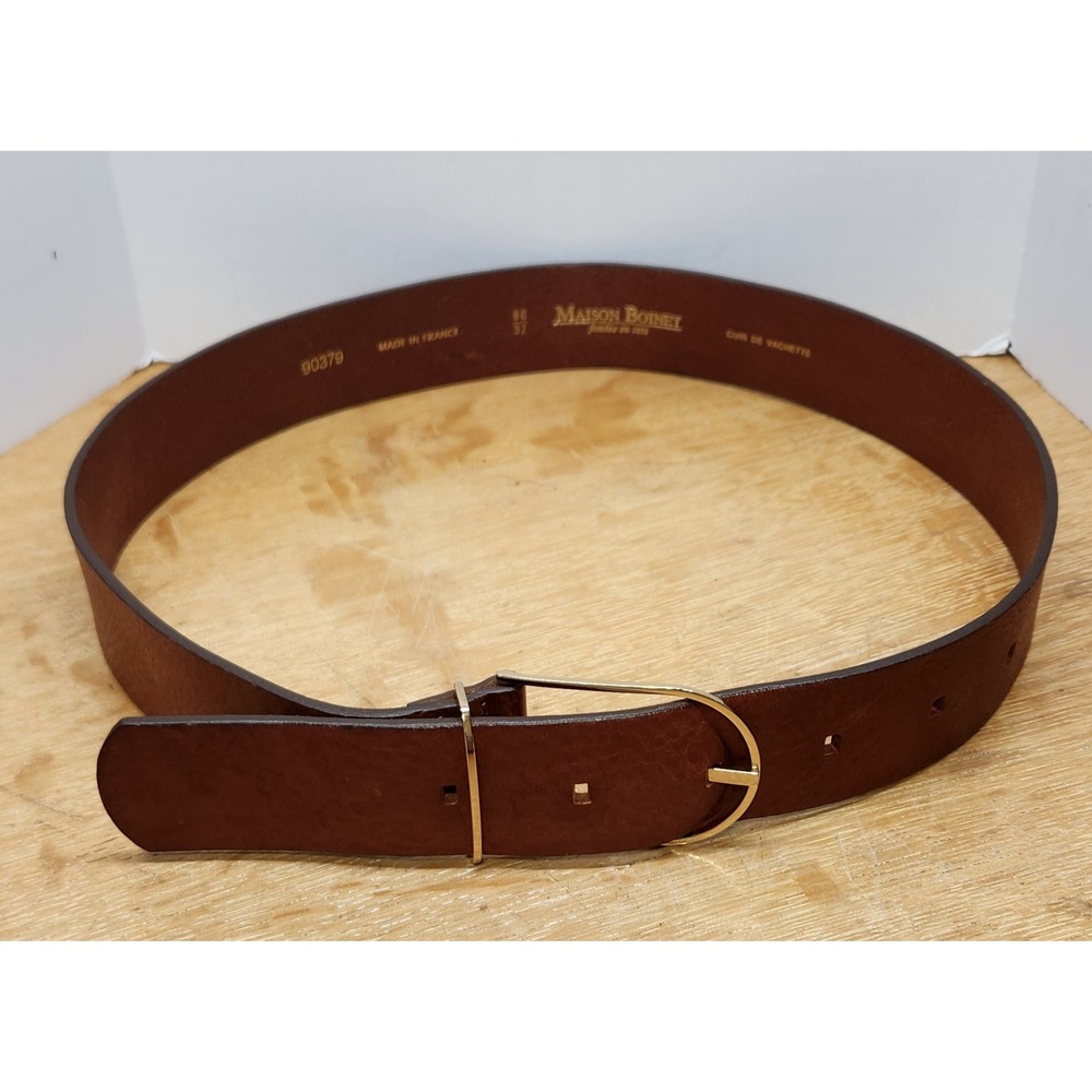 Maison Boinet Brown Leather Belt Gold Buckle Made in France Size 80 32 90379